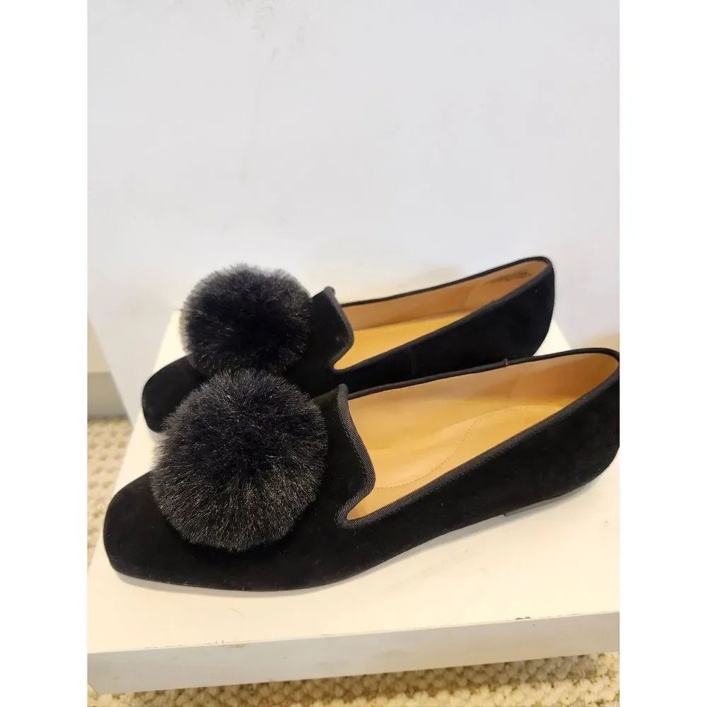 New Talbots "Stella" Black Suede Pom Pom Ballet Square Toe Flats Sz.9 Ret. $129